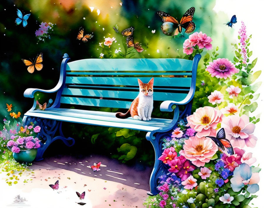 Orange and White Cat on Blue Park Bench in Colorful Garden