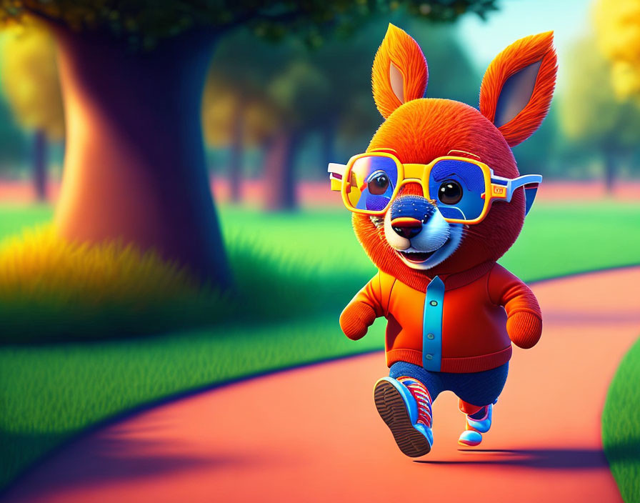 Colorful 3D illustration of fox character in glasses and sporty attire running in park