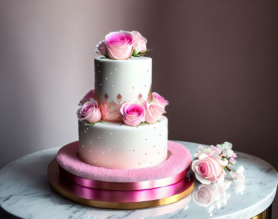 Three-tiered cake with pink sugar pearls, gold accents, and fresh pink roses on marble table