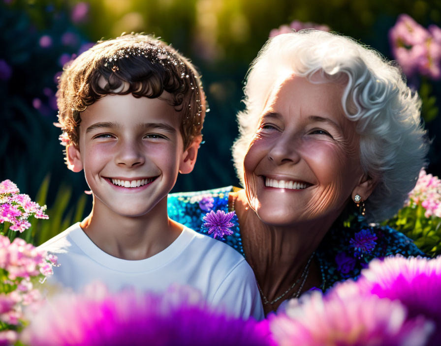 Boy and elderly woman in purple flower field on sunny day