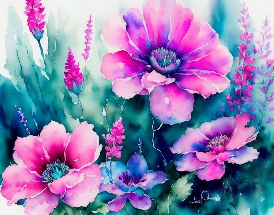 Pink and Purple Watercolor Painting of Delicate Flowers and Foliage