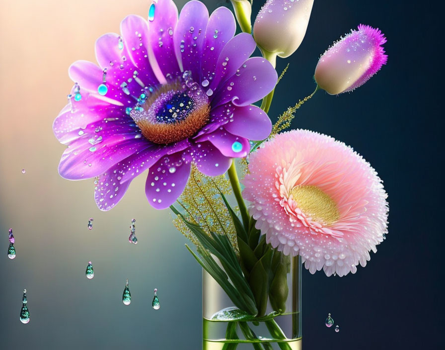 Vibrant digital artwork of purple and pink flowers in a vase