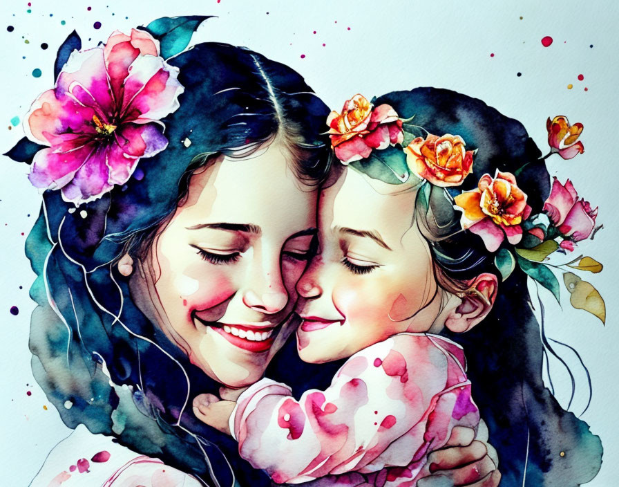 Smiling woman and child hug in vibrant watercolor with floral accents