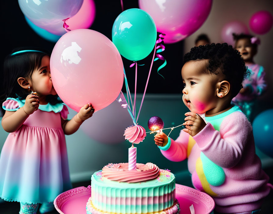 Two toddlers at a birthday party with balloons and a cake: one holding a balloon, the other touching