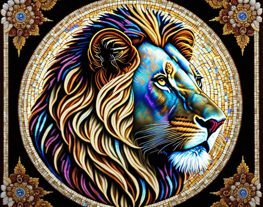 Vibrant lion mosaic with majestic mane on dark background