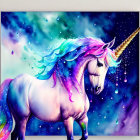 Colorful Unicorn Painting with Golden Horn and Cosmic Background