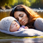 Mother and baby resting on moss-covered rock by river in soft sunlight
