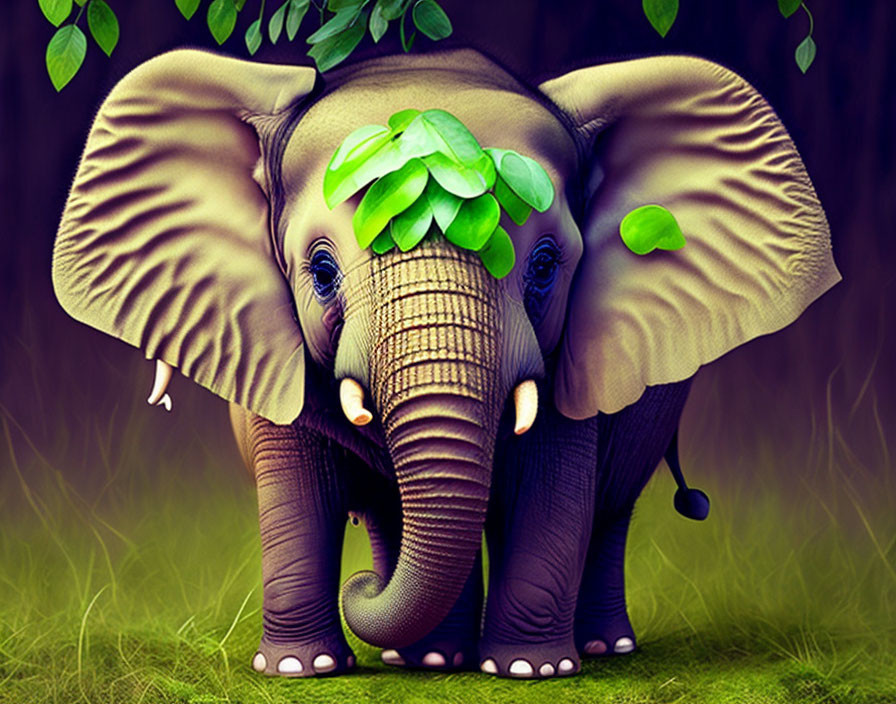 Baby elephant digital art: expressive eyes, green meadow, leaf adornments