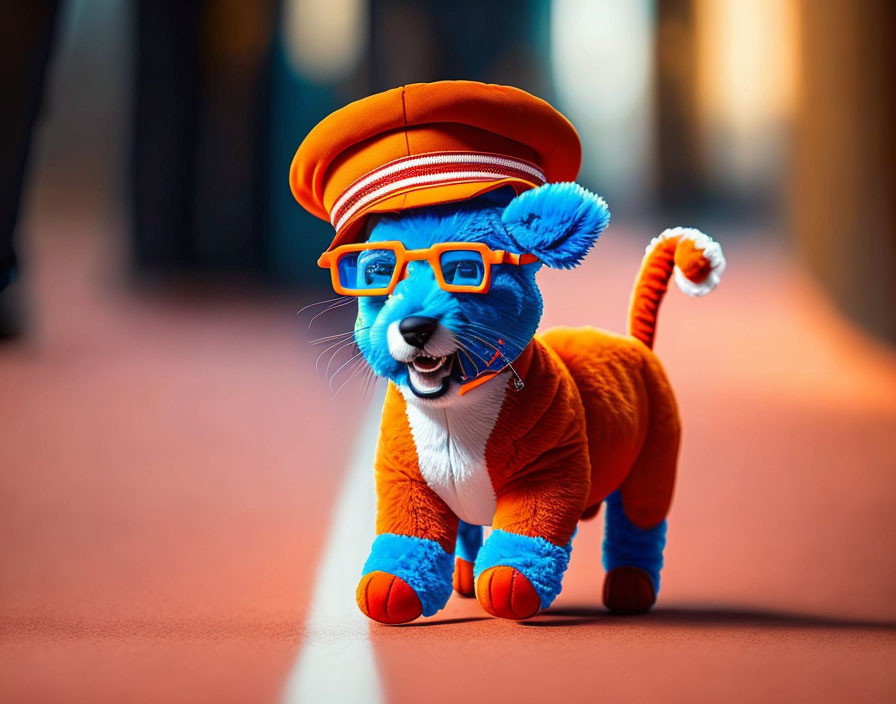 Digital image: Orange and blue tiger character with glasses and hat walking