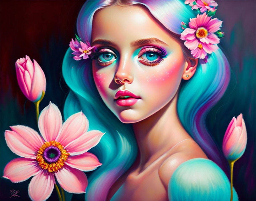 Colorful digital portrait of a girl with blue hair and pink flowers in a pink floral setting