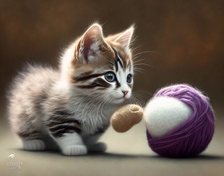 Curious kitten with striking eyes and yarn ball observation