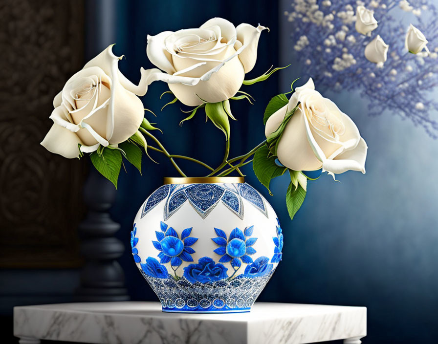 Three white roses in blue and white vase on marble surface with blurred blue and white floral backdrop