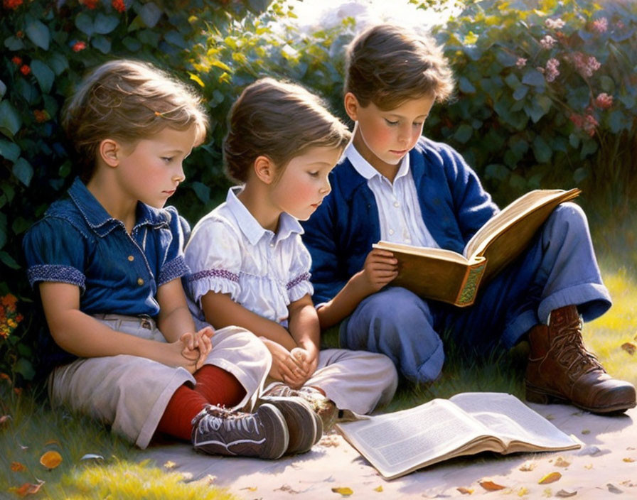 Three children reading book outdoors on grass in sunlit setting