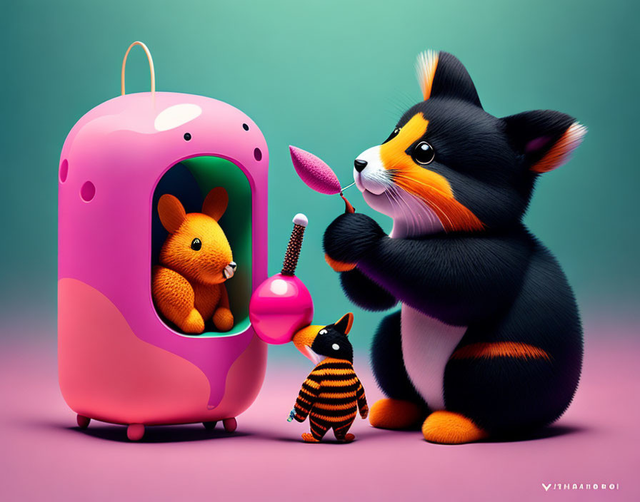 Colorful Illustration: Tricolor Cat, Orange Rabbit, and Bee Cat in Whimsical Scene