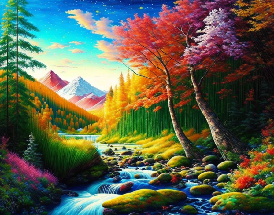 Colorful Autumn Landscape with Stream, Moss-Covered Rocks, Snow-Capped Mountains, and Star