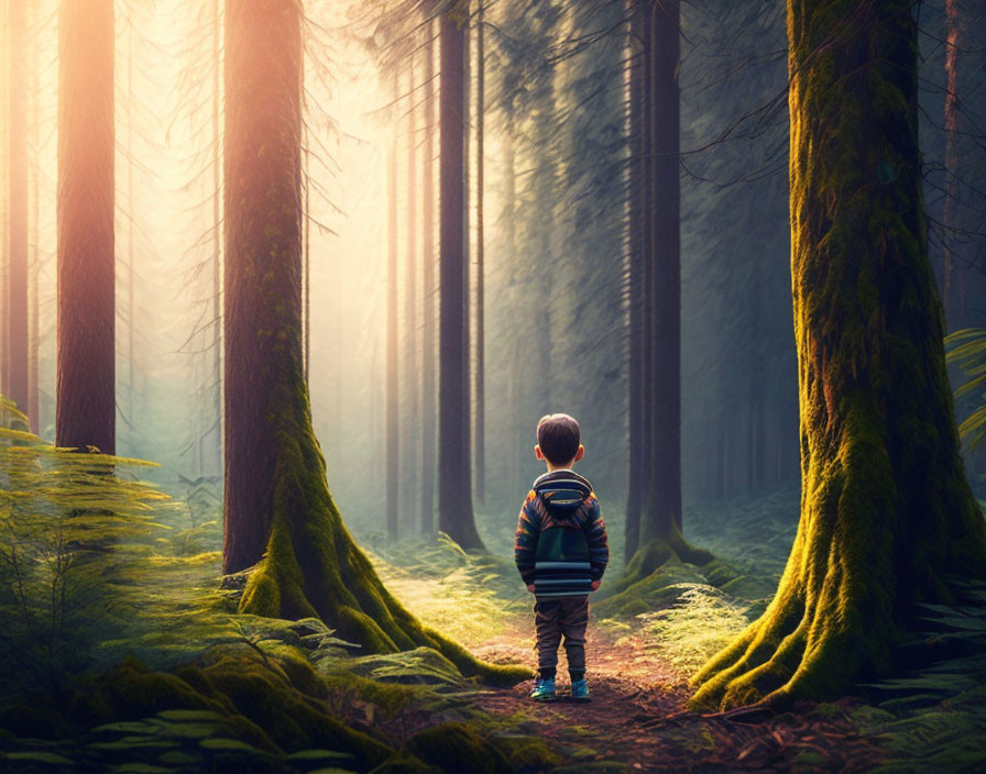 Child in Forest Surrounded by Tall Trees and Moss