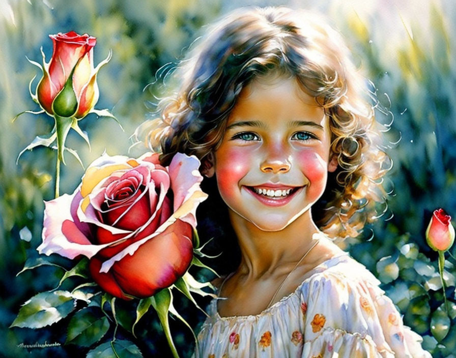 Smiling young girl with curly hair beside colorful rose bloom