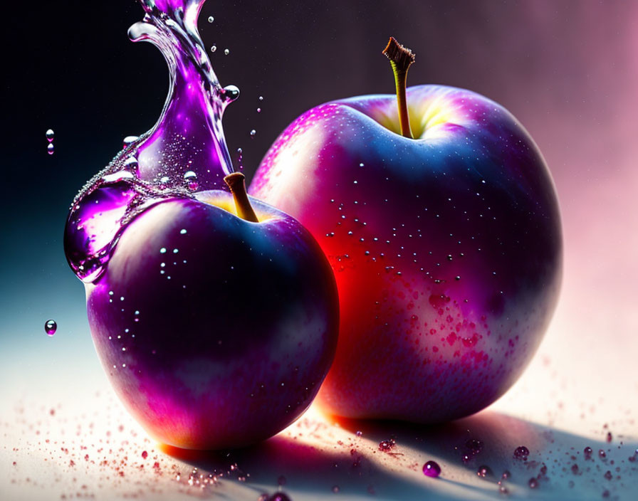 Vibrant apples with cosmic starry pattern and purple liquid splash on colorful background