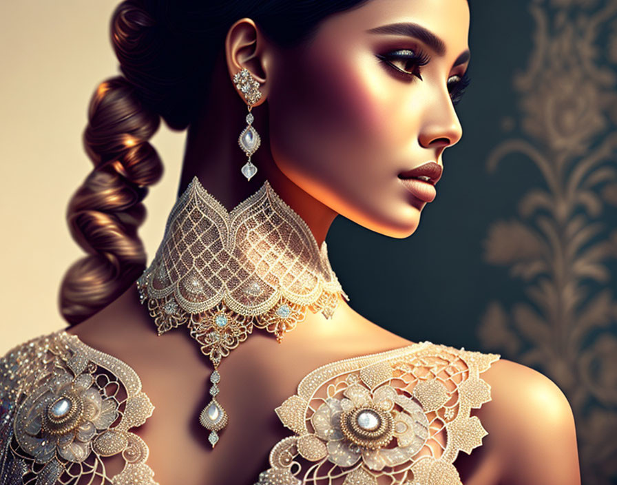 Woman with Elaborate Braid and Ornate Jewelry Featuring Floral and Gemstone Accents