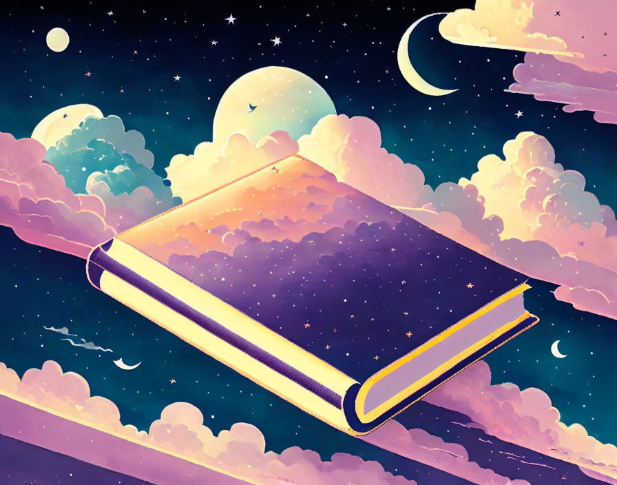 Illustration of open book merging with starry night sky and celestial elements