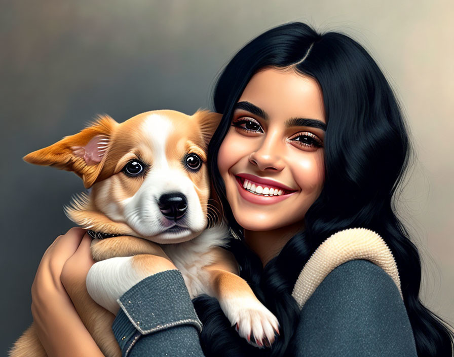 Young woman holding cute corgi puppy in joyful embrace