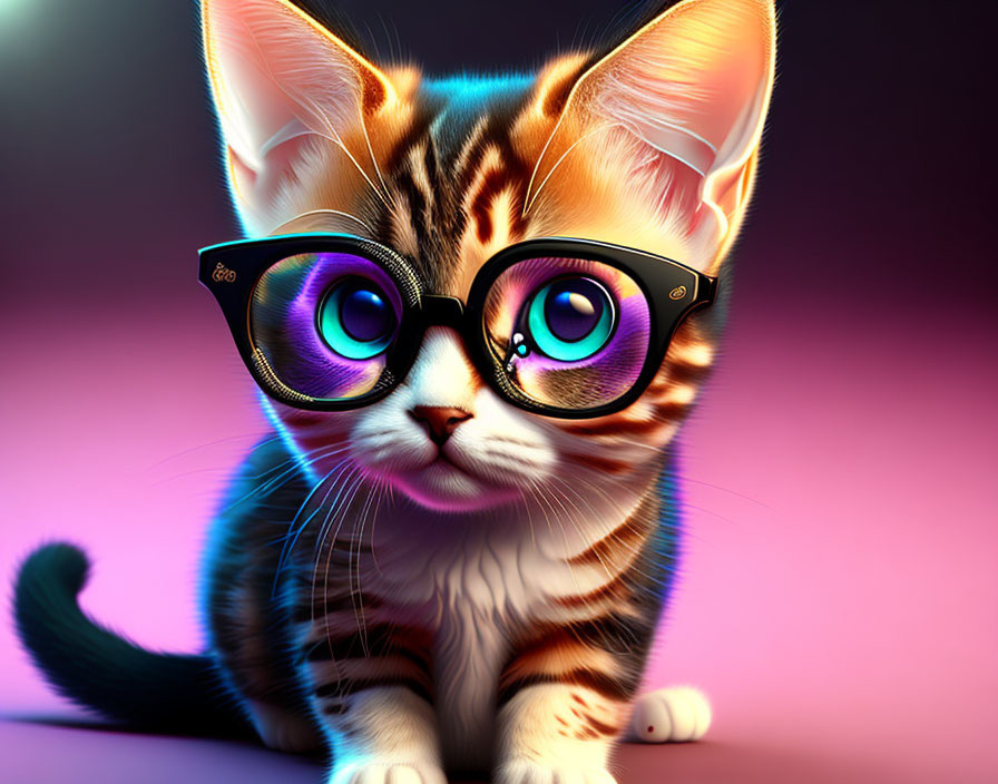 Colorful Cartoon Kitten with Purple Glasses on Pink Gradient Background