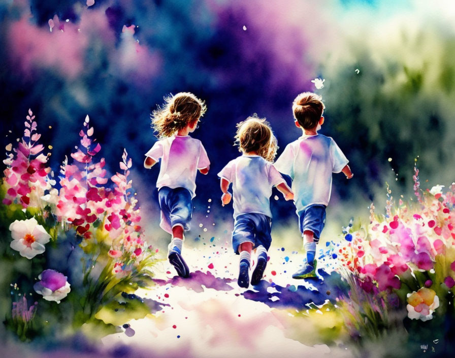 Three children running in flower-filled path with butterfly in watercolor style