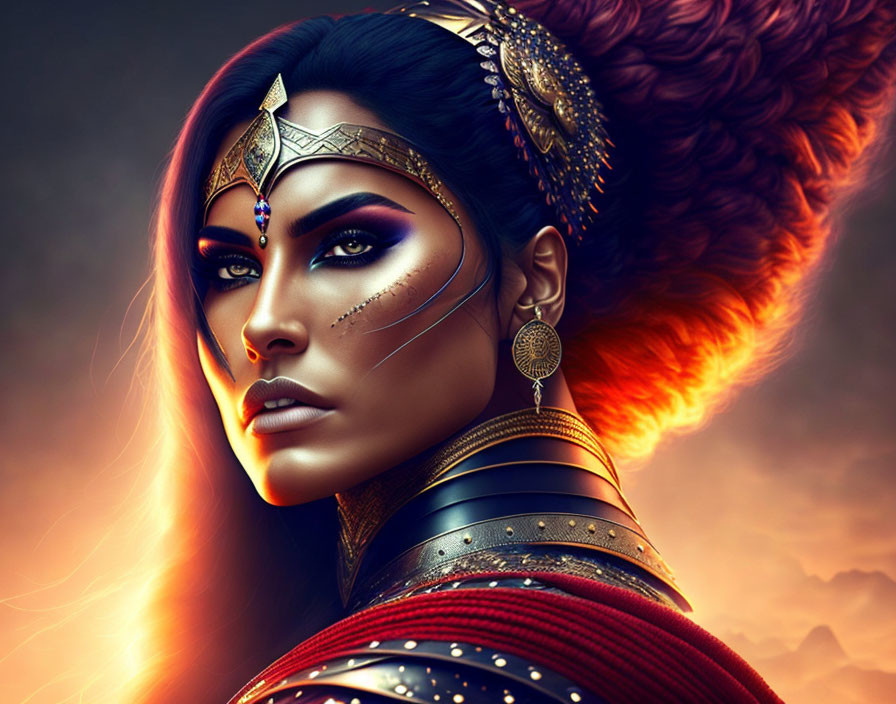 Digital Artwork: Fierce Warrior Woman in Elaborate Armor against Fiery Background