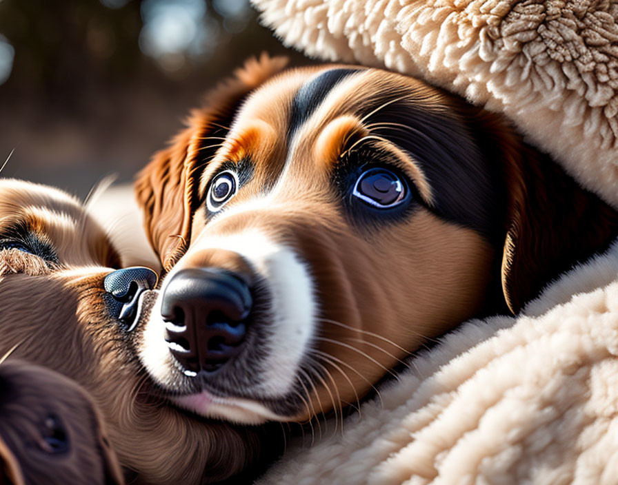 Brown and Black Dog Snuggled in Beige Blanket