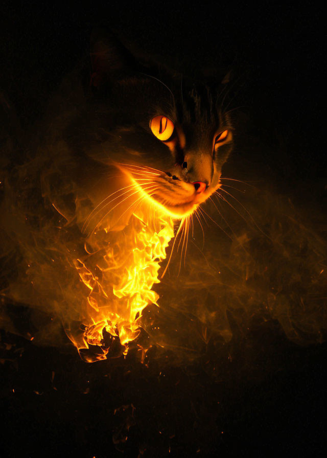 Cat with Glowing Yellow Eyes Over Flames: Eerie and Mystical Visual Effect