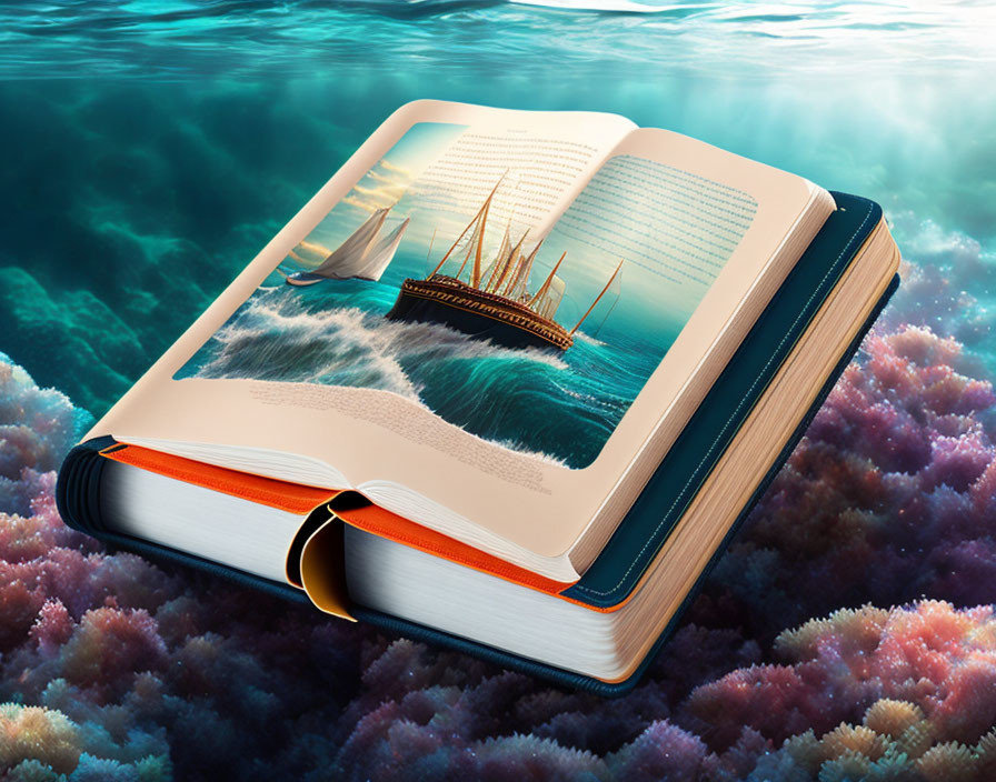 Open book displaying ocean scene with sailboat and coral reefs.