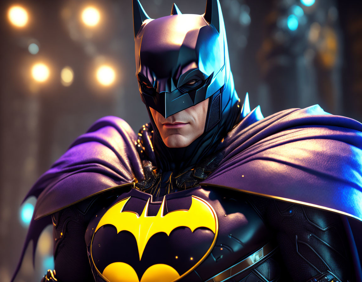 Detailed Batman costume close-up with black cowl, cape, and bat emblem