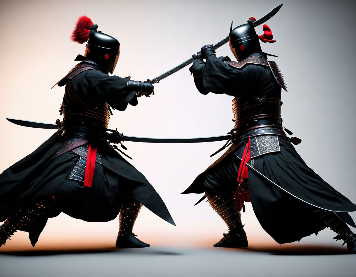 Traditional Samurai Armor Sword Duel on Gradient Backdrop