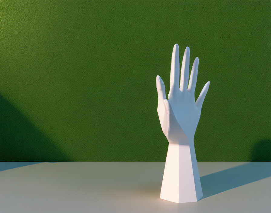 White 3D hand model on green textured wall with shadows