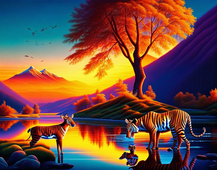 Colorful Zebra Artwork at Sunset by Lake