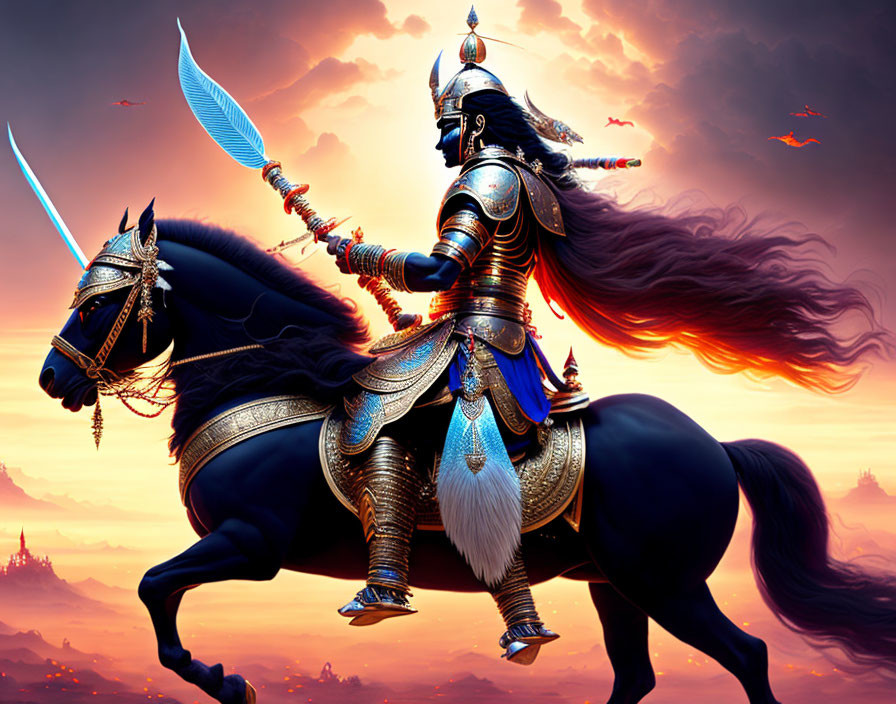 Armored knight on black horse in blue and silver, sunset background with birds and castles