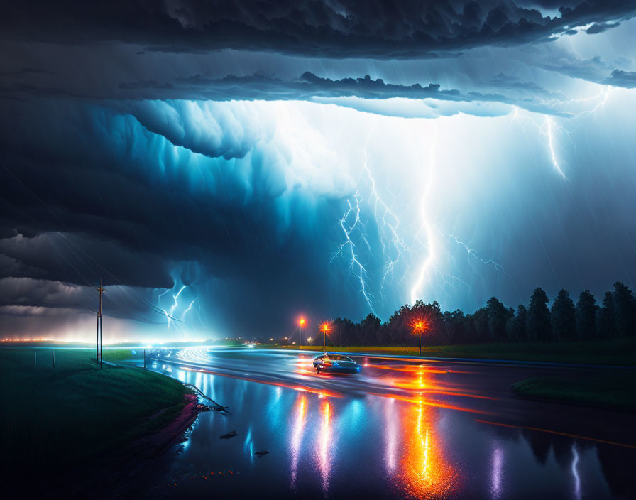 Intense lightning strikes during dramatic thunderstorm above wet road