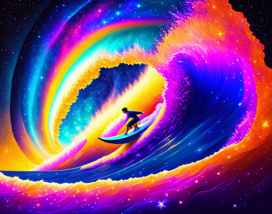 Colorful surfer riding cosmic rainbow wave in starry space