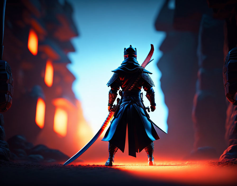 Samurai warrior in red-lit canyon with drawn sword and aura of determination