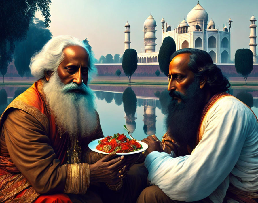 Men in traditional Indian attire with long beards exchanging food near Taj Mahal