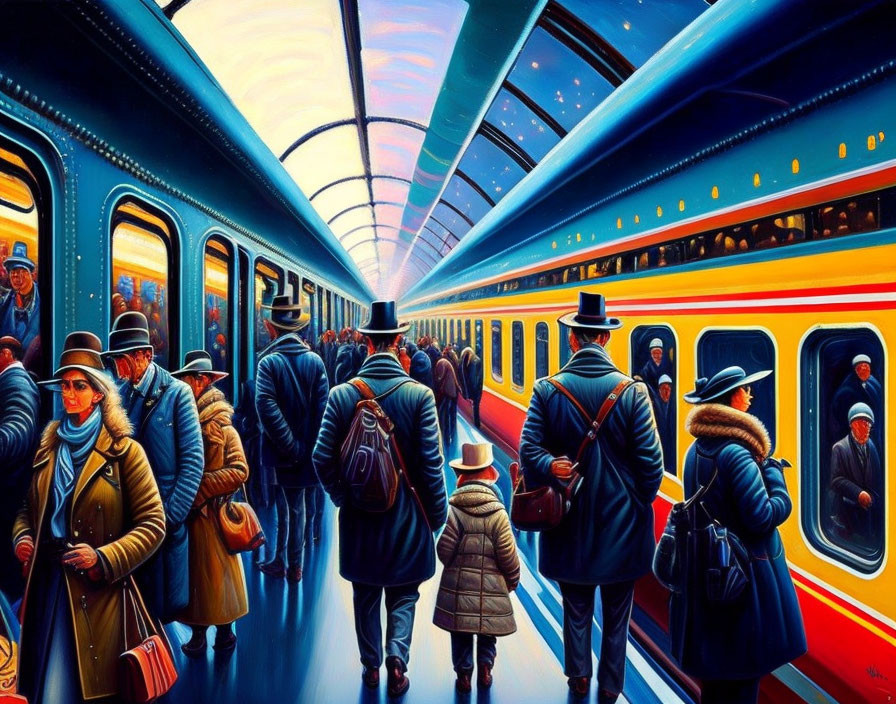 Vibrant winter scene at train station with colorful people boarding trains