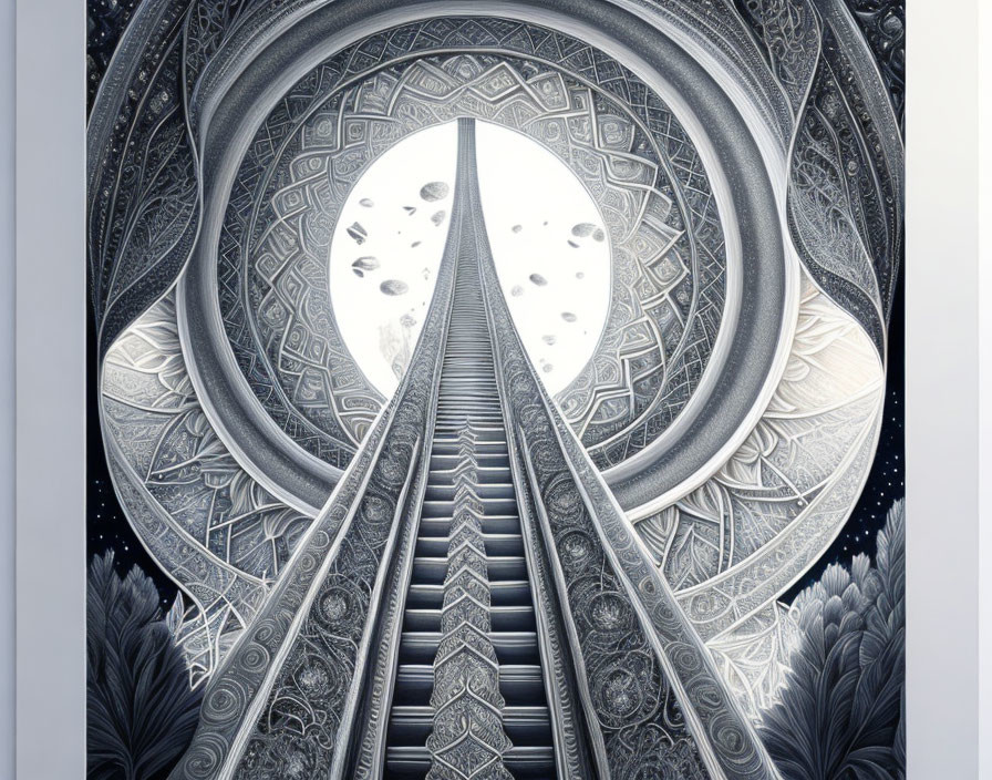 Symmetrical monochrome illustration of ornate archway and moonlit sky