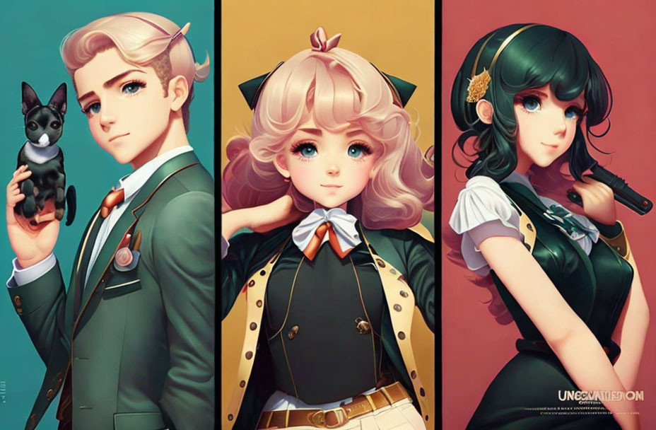 Three stylized characters: male with black cat, girl with pink hair, girl in green attire