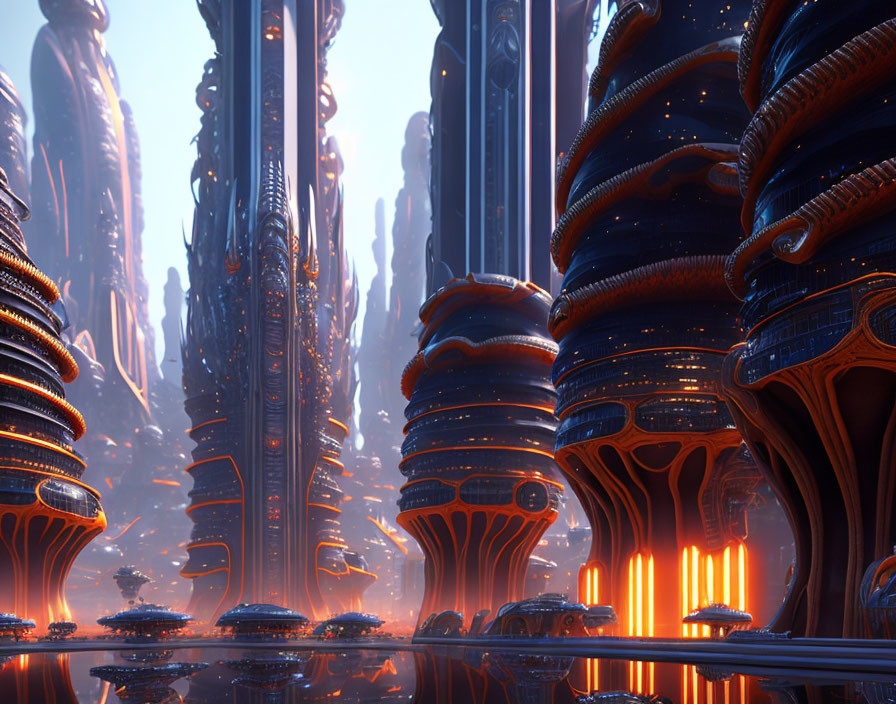 Ornate futuristic cityscape with towering structures and glowing orange lights