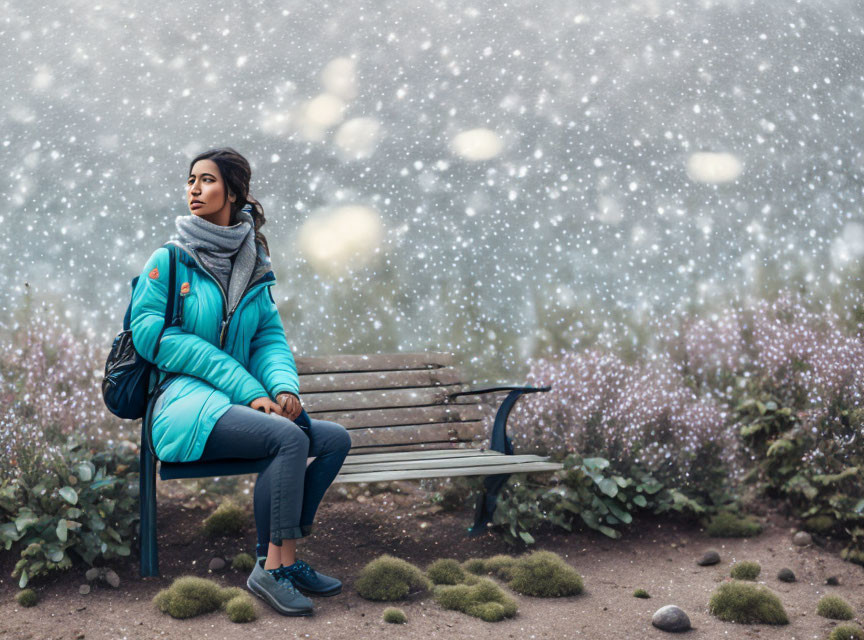 Woman in Blue Jacket Contemplating on Park Bench in Snowy Setting