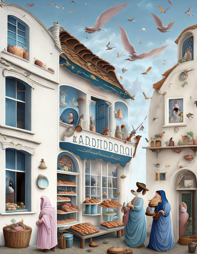 Whimsical bakery illustration with medieval attire and pastries