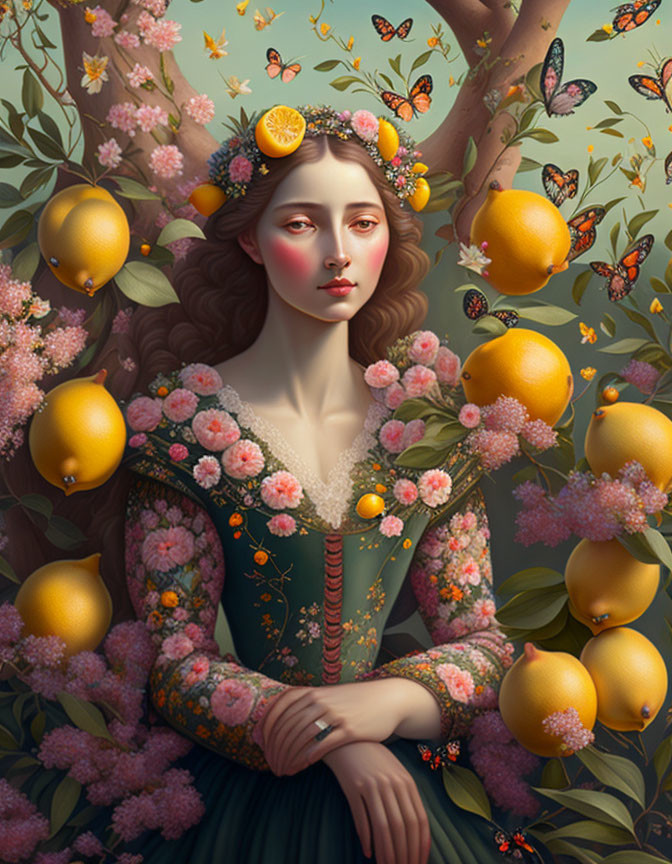 Woman with solemn expression in fruit and flower crown among lemon tree and butterflies