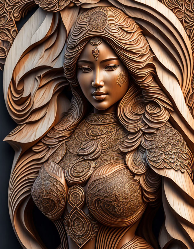 Intricately Carved Wooden Sculpture of Woman with Elaborate Patterns