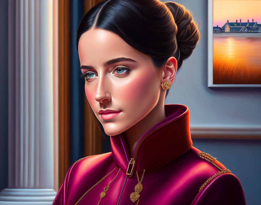 Digital artwork of woman with bun in maroon top and gold jewelry by window with sunset landscape.