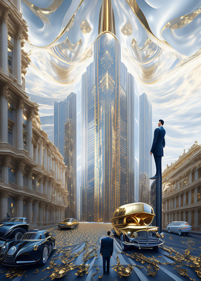 Surrealist cityscape with man, golden skyscraper, opulent streets, and cloud-like canopy